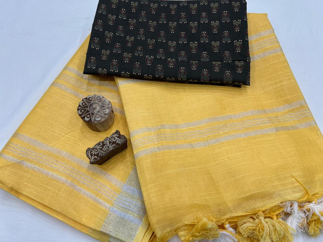 Cotton linen saree with printed blouse