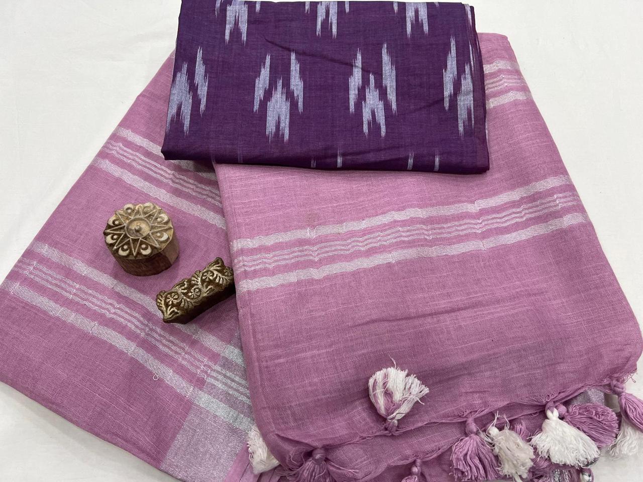 Cotton linen saree with contrast stitchrd blouse