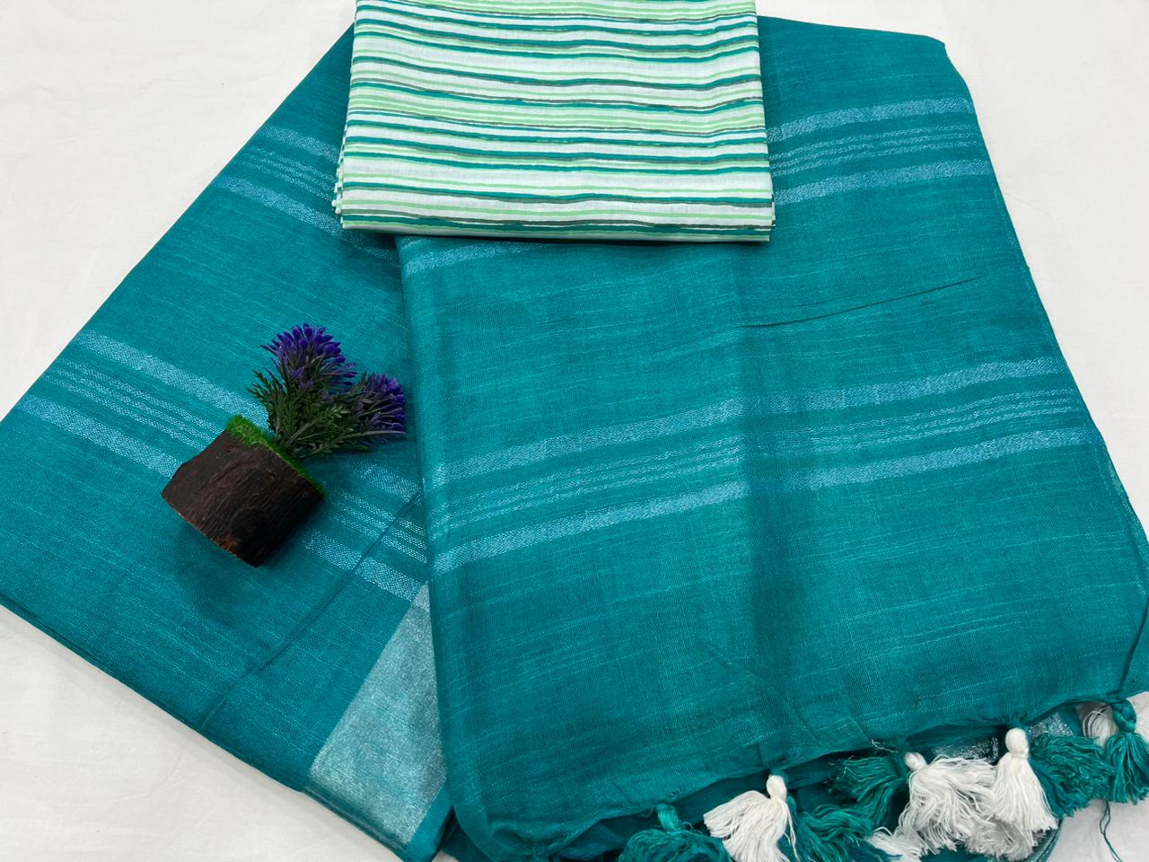 Cotton linen saree with contrast stitched blouse