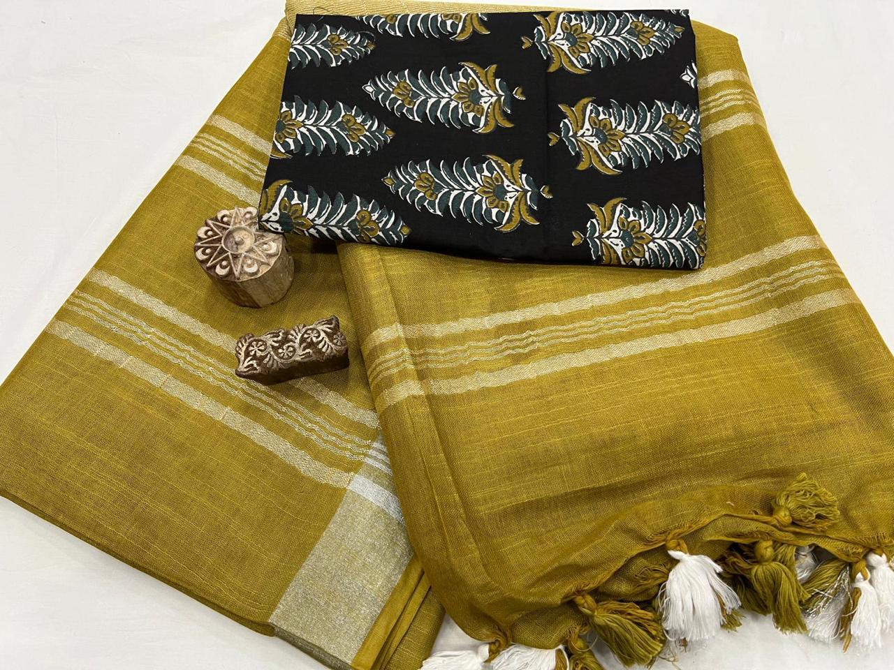 Cotton linen saree with contrast stitched blouse