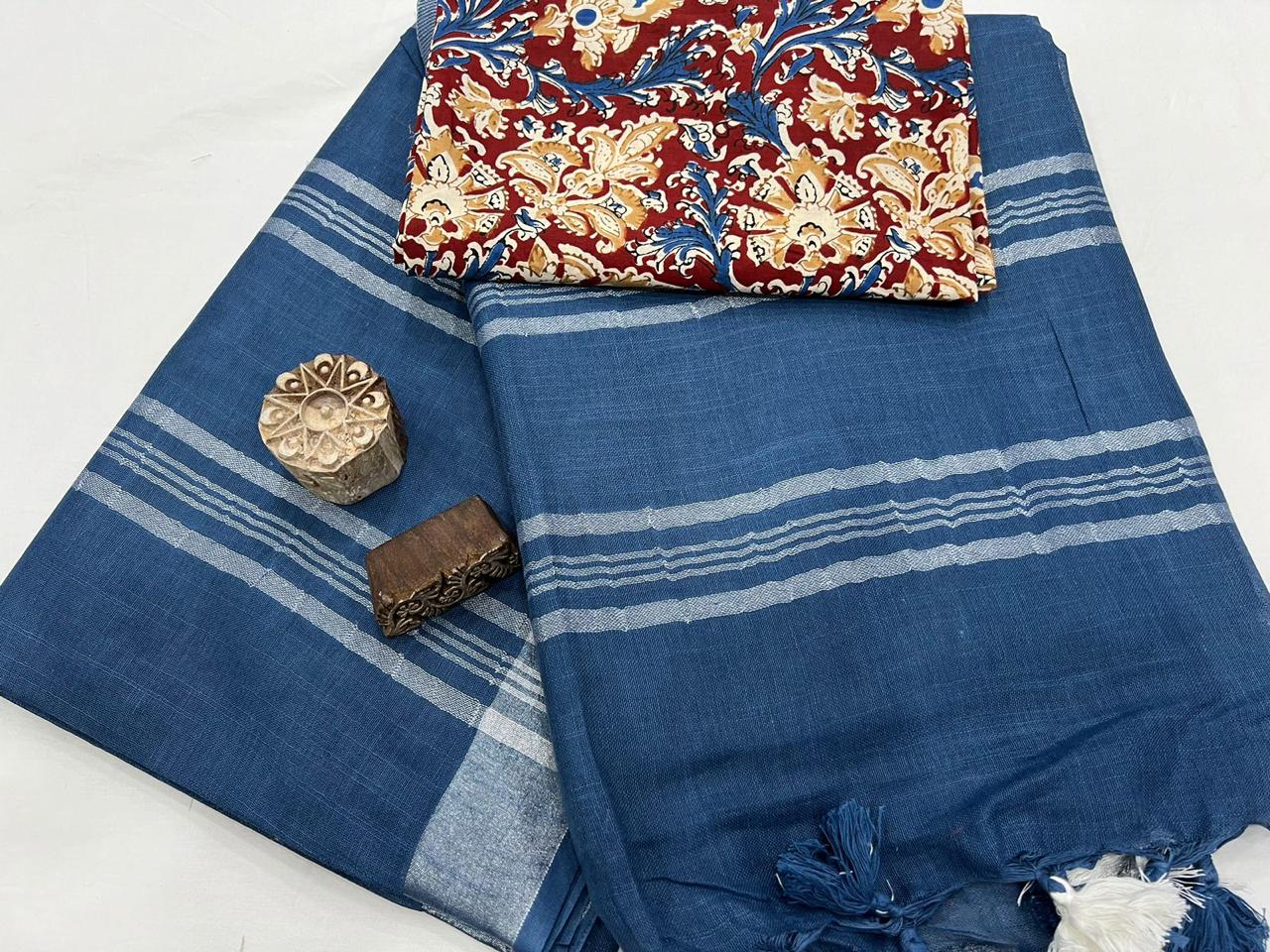 Cotton linen saree with contrast stitched blouse