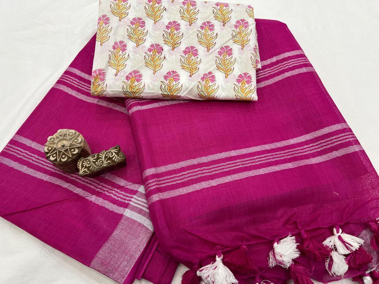 Cotton linen saree with printed blouse