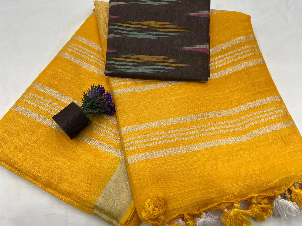 Cotton linen saree with contrast stitched blouse