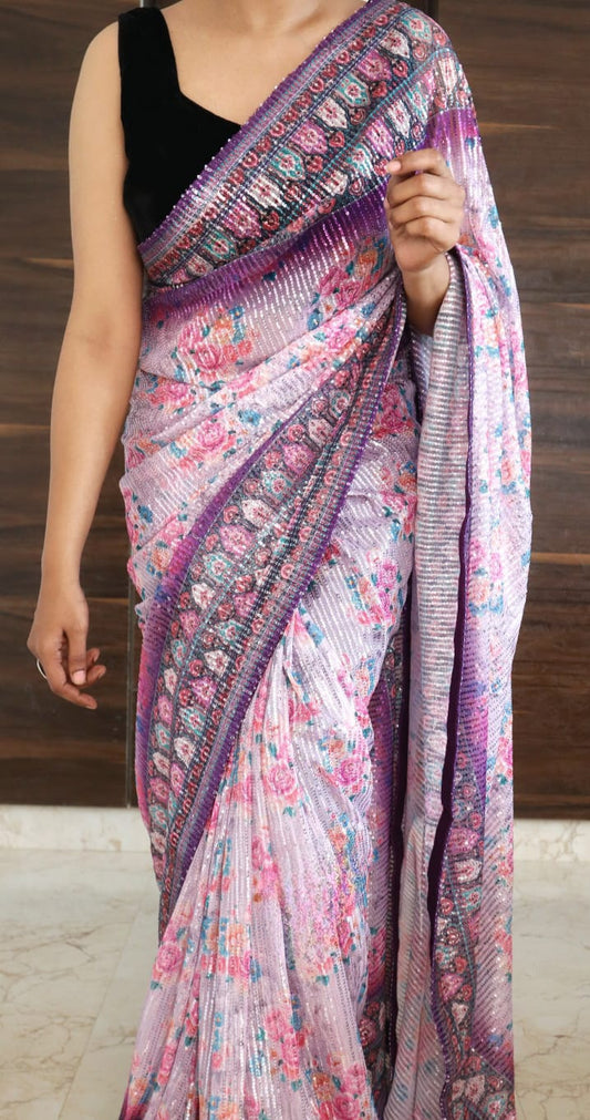 Multi color sequins saree with floral design- Stitched blouse ( sleevless)