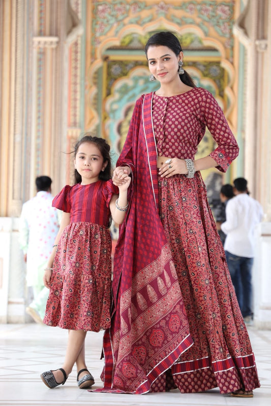 Bagru handblock printed cotton skirt and top with mulmul dupatta