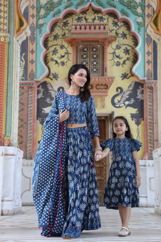 Bagru handblock printed cotton skirt and top with mulmul dupatta