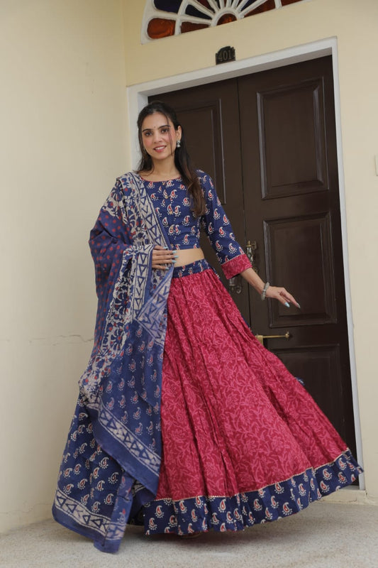 Bagru handblock printed cotton skirt and top with mulmul dupatta