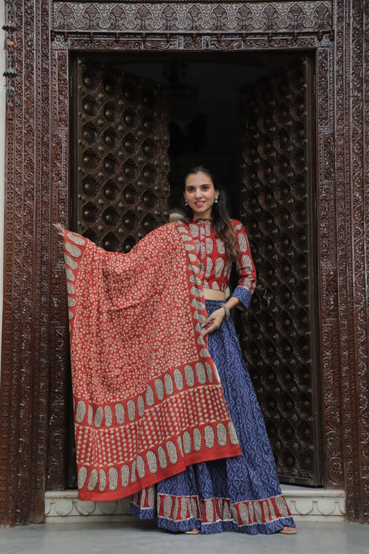 Bagru handblock printed cotton skirt and top with mulmul dupatta