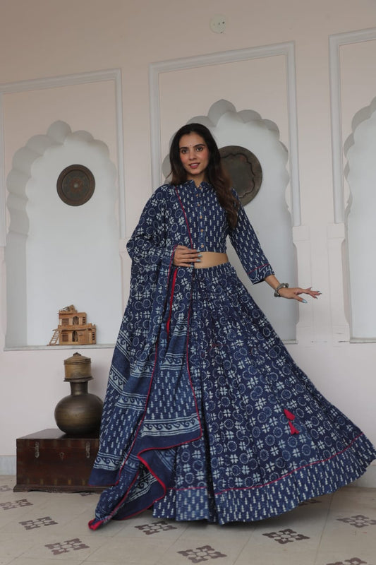 Bagru handblock printed cotton skirt and top with mulmul dupatta