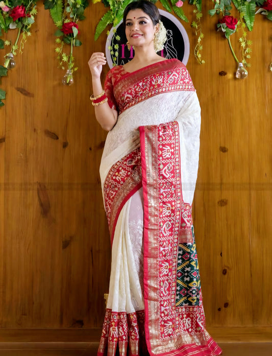 Georgette chikankari saree with patola silk border