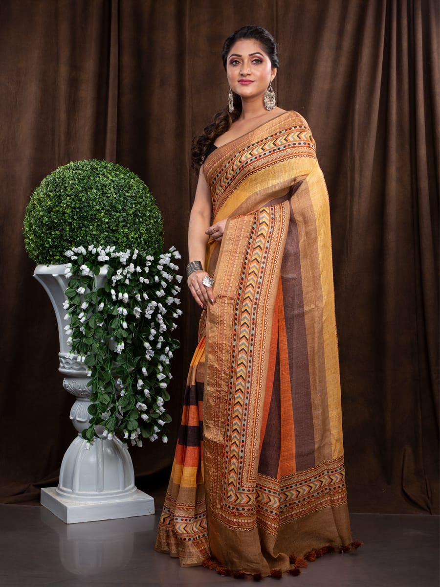 Multi color pure linen saree with stitched blouse