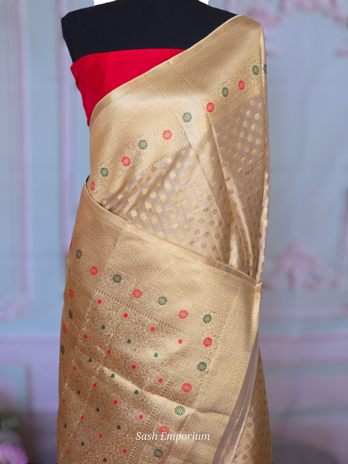 Pure tissue silk weaving saree with gold design all over body- stitched blouse