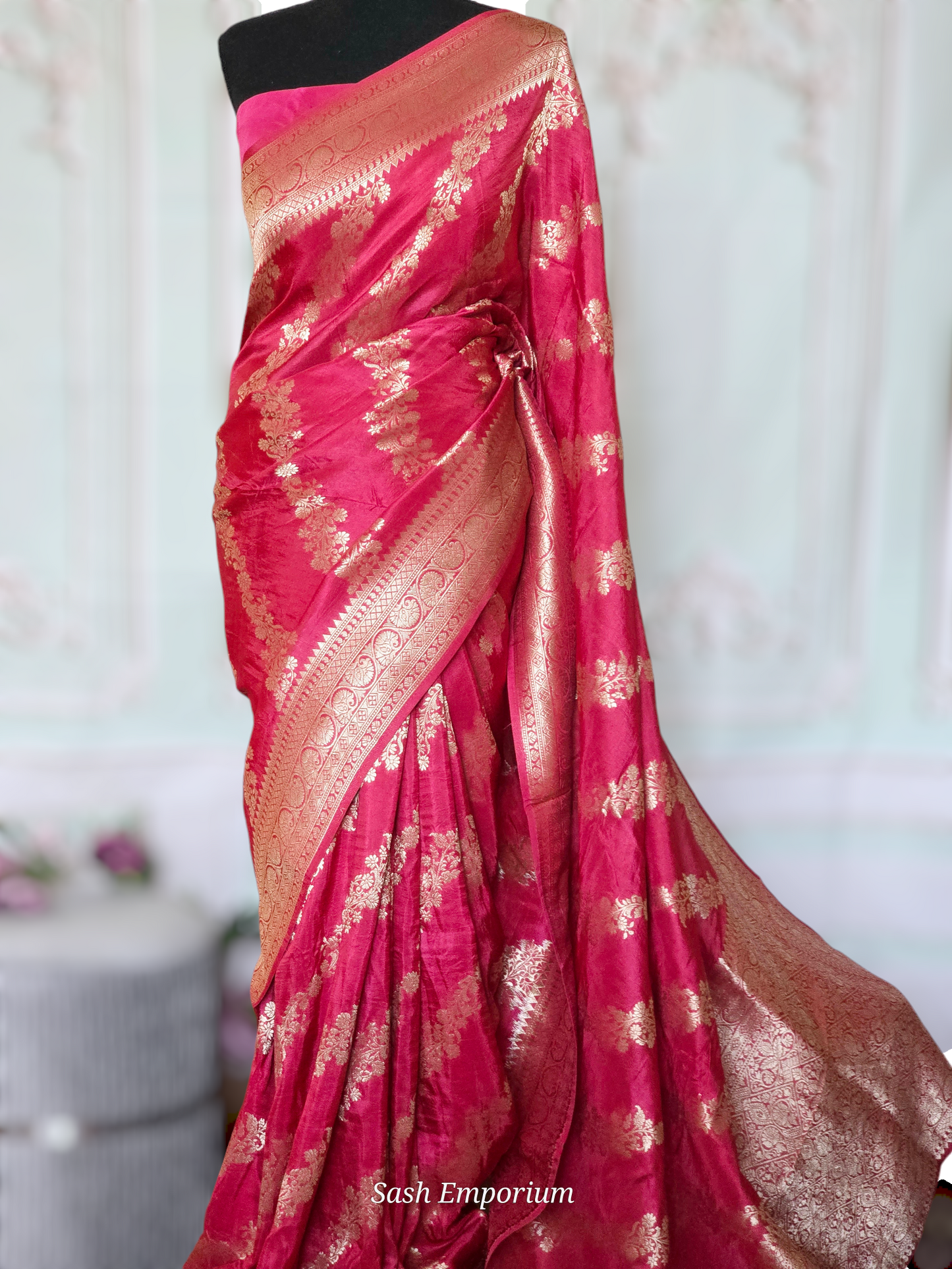 Mashru silk saree with antique gold banarasi border and design- stitched sleeveless blouse