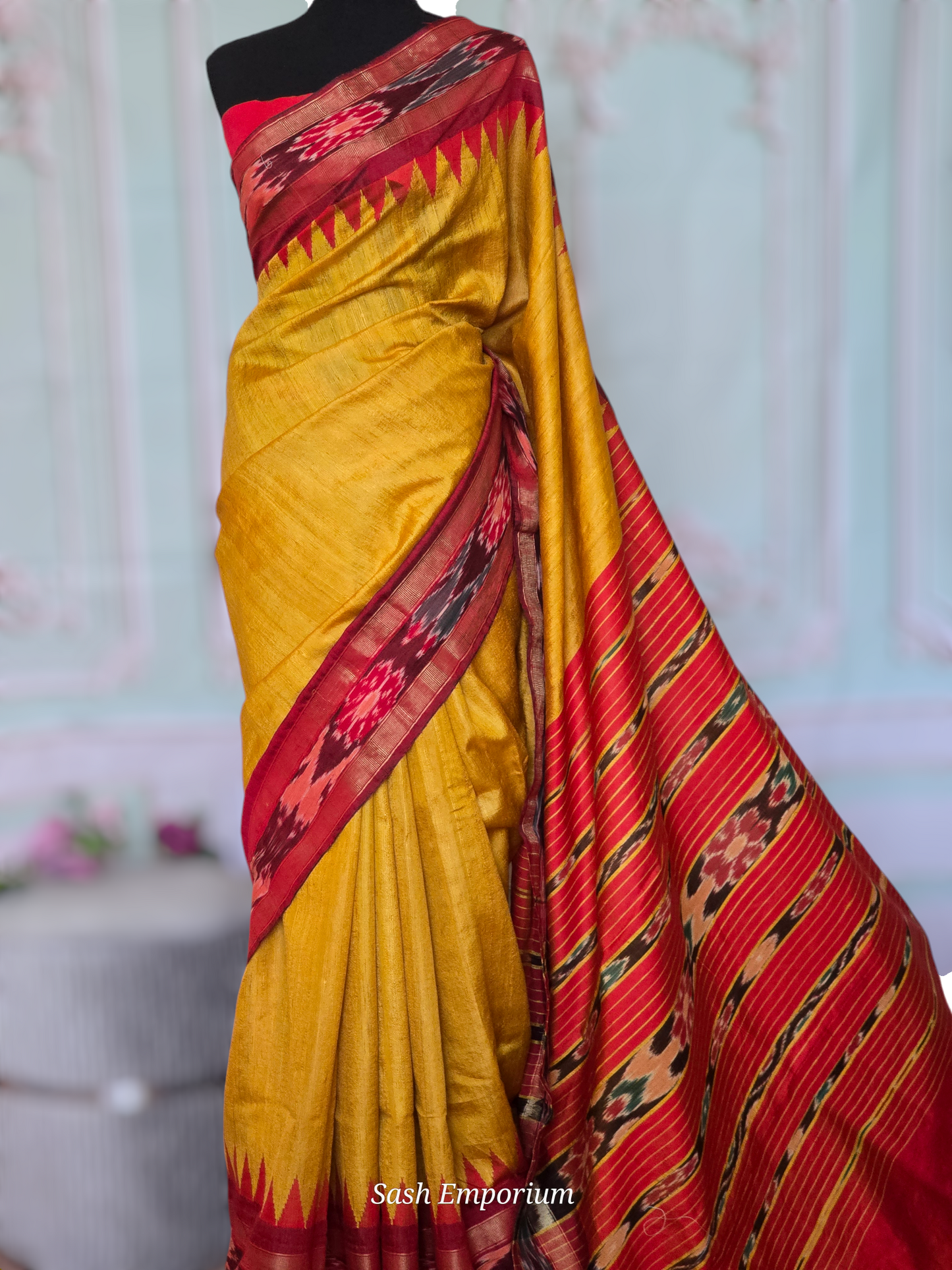 Jute/tussar silk saree with Temple border