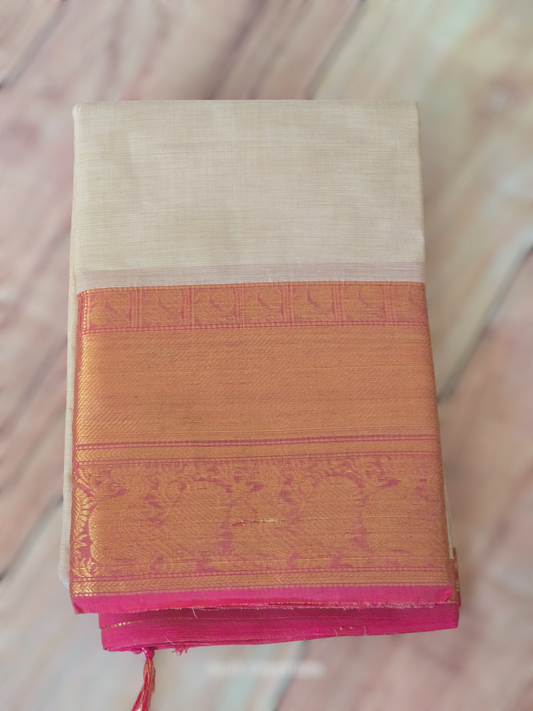 Chetinad cotton saree beige/ pink combo with BP