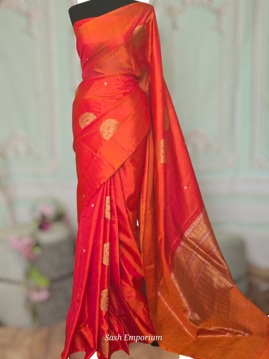 Soft silk ( peach/orange tone) kancheepuram saree with stitched blouse