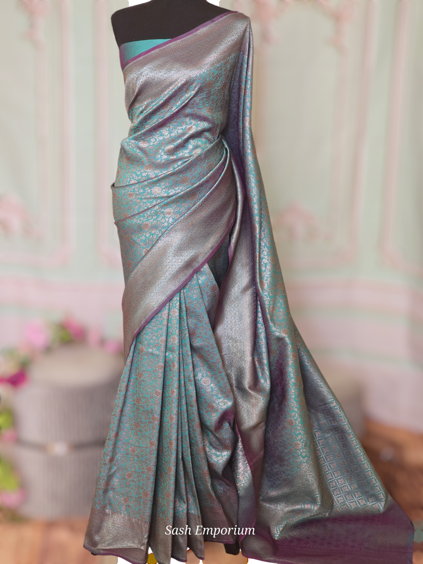 Semi katan silk(teal blue) saree with stitched blouse