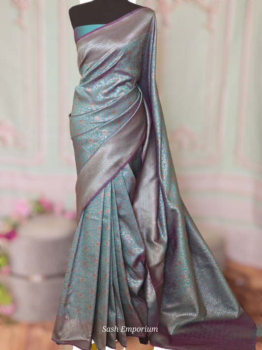 Semi katan silk(teal blue) saree with stitched blouse