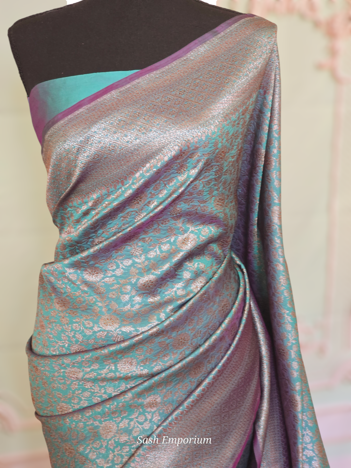 Semi katan silk(teal blue) saree with stitched blouse