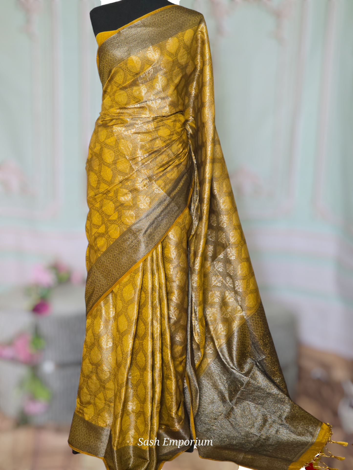 Semi brocade silk( yellow/black) with stitched blouse