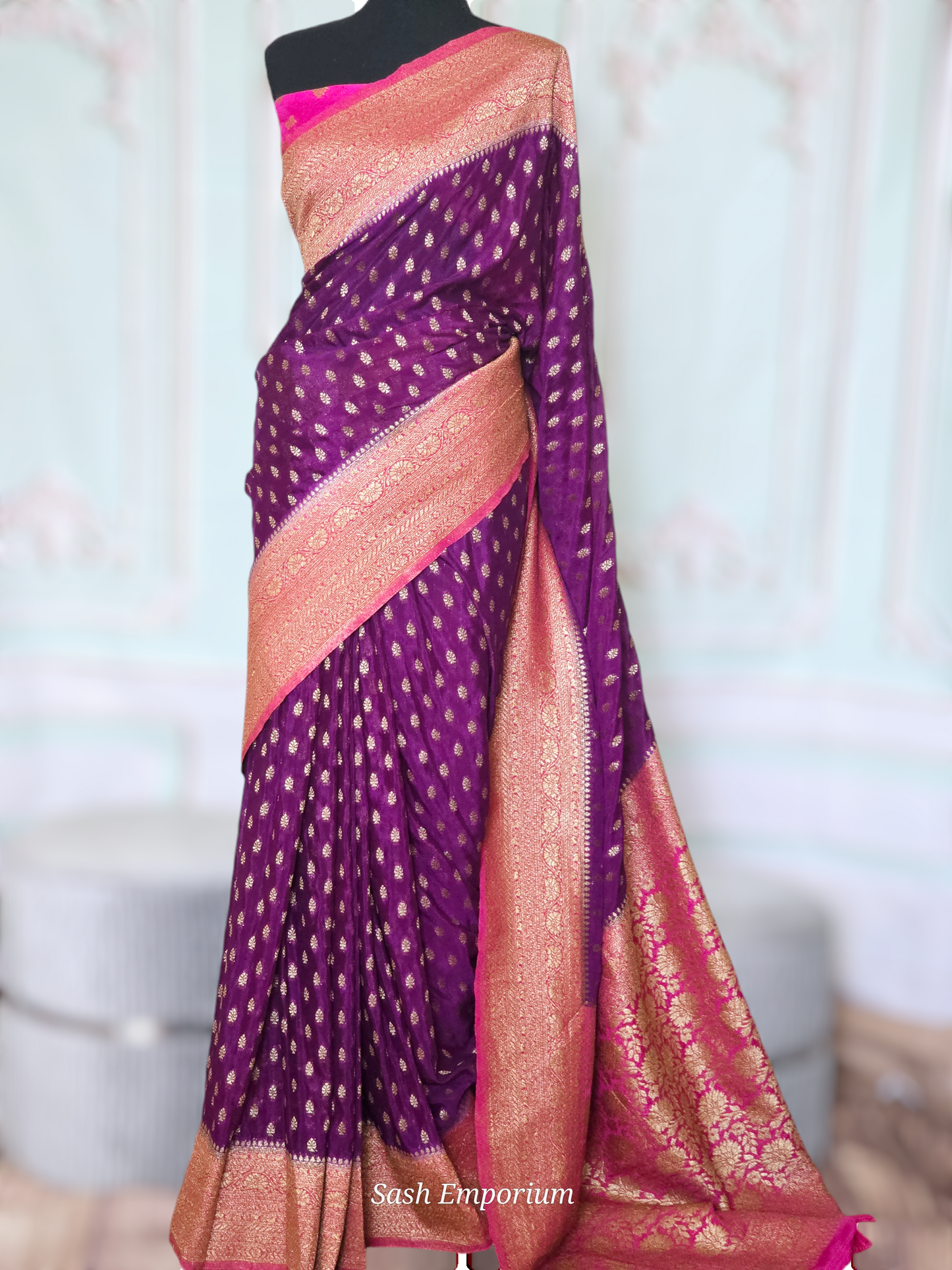 Semi Georgette saree (purple/pink) with stitched blouse