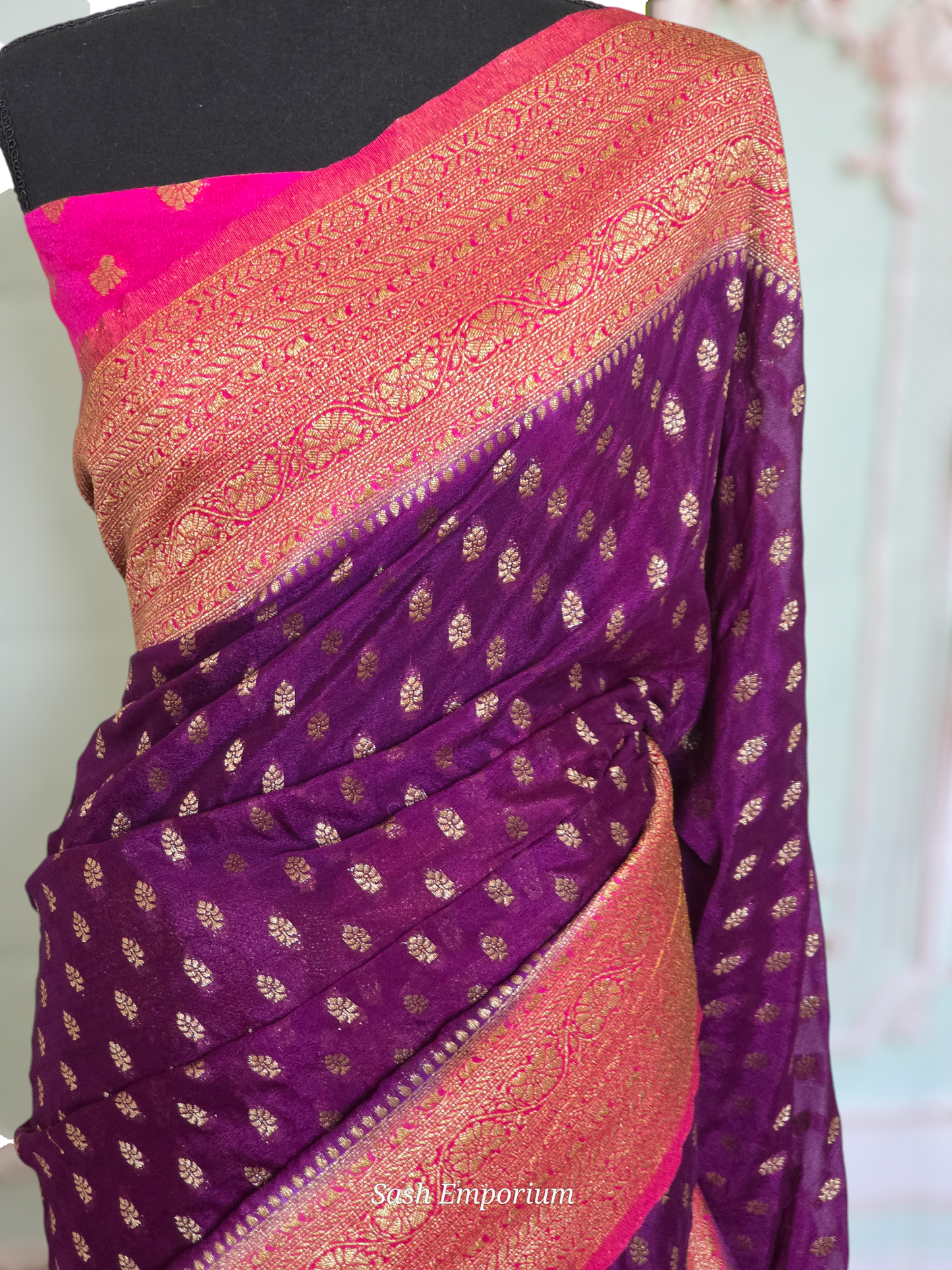 Semi Georgette saree (purple/pink) with stitched blouse