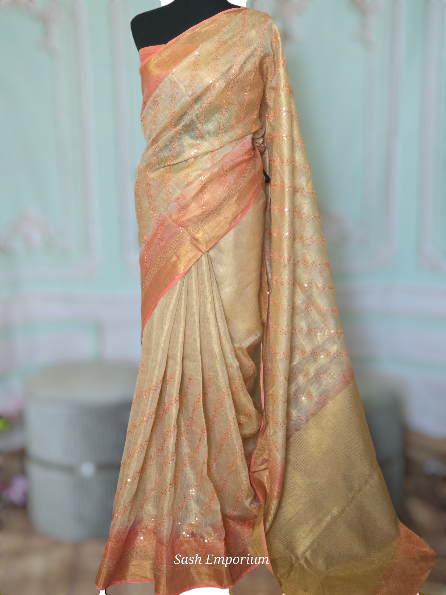 Soft linen tissue saree ( beige/peach) with all over thread sequins work- stitched blouse