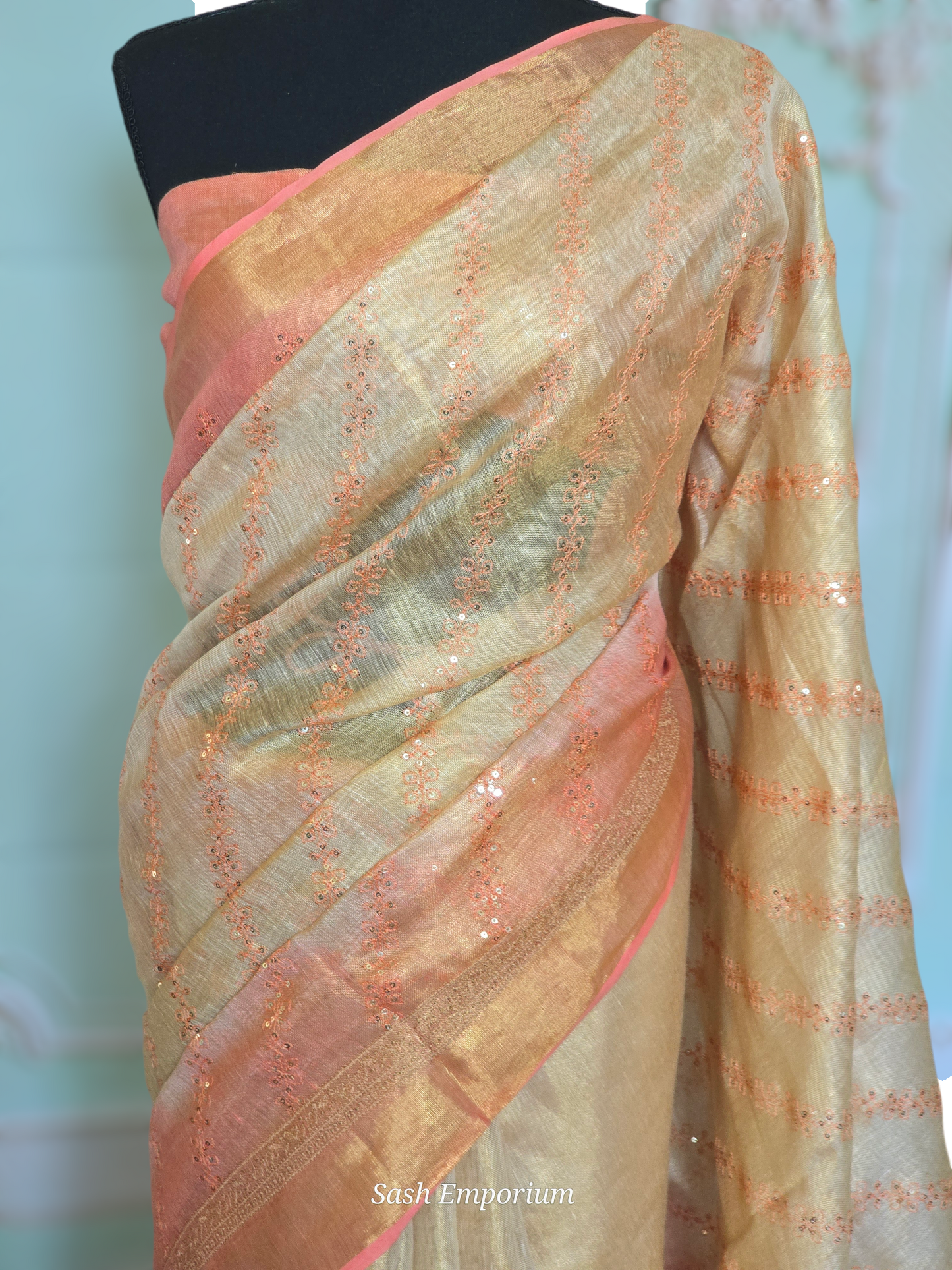 Soft linen tissue saree ( beige/peach) with all over thread sequins work- stitched blouse