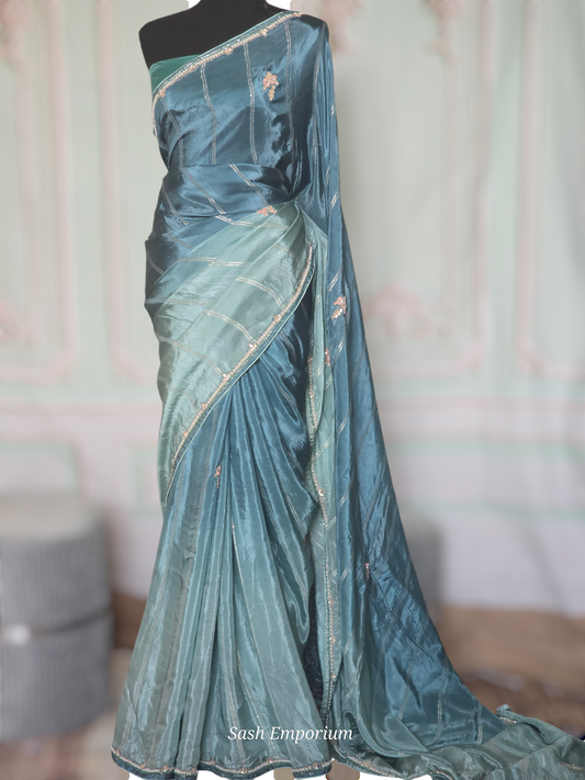 Satin organza designer saree( duel tone) with stitched blouse