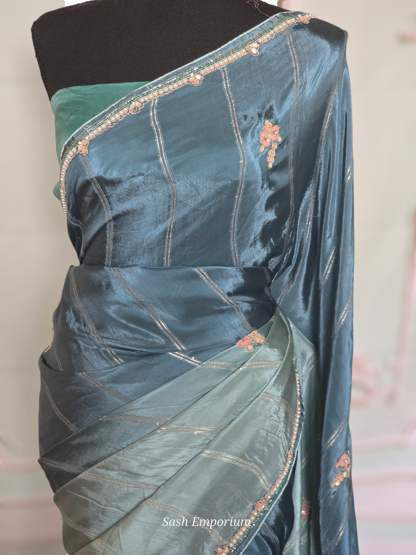 Satin organza designer saree( duel tone) with stitched blouse