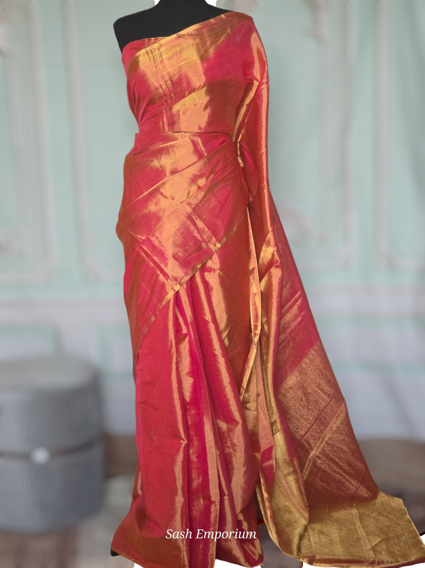 Pure tissue handloom saree (peach/ orange dule tone)  with stitched blouse