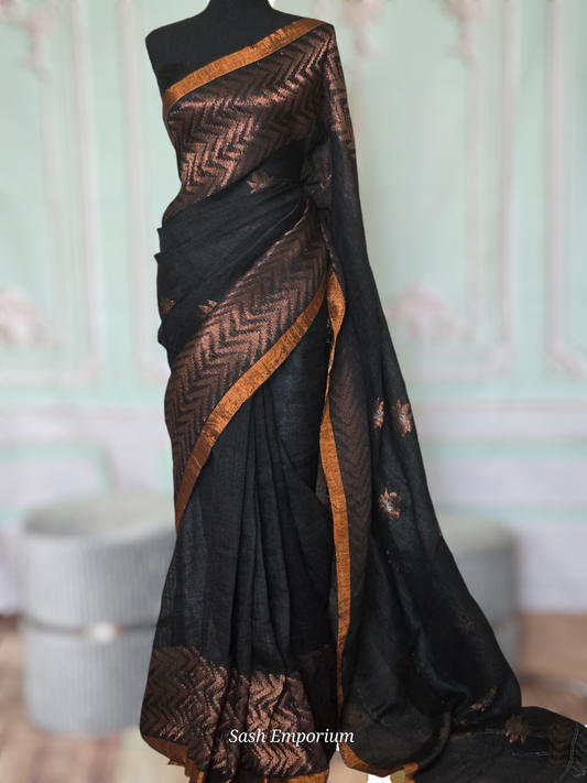 Black/copper linen saree with stitched blouse