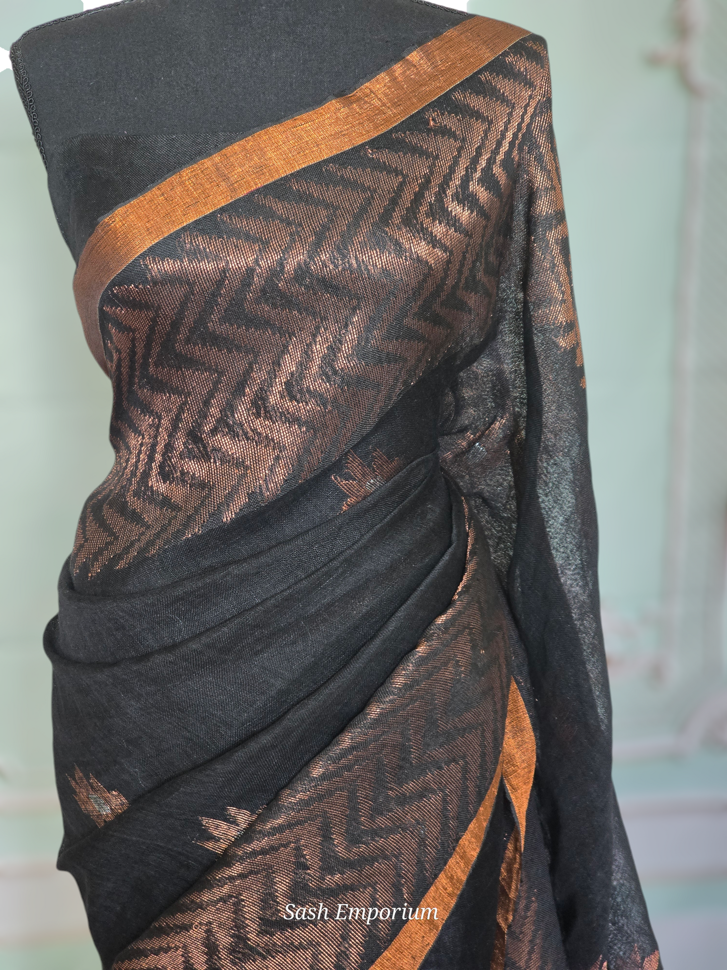 Black/copper linen saree with stitched blouse