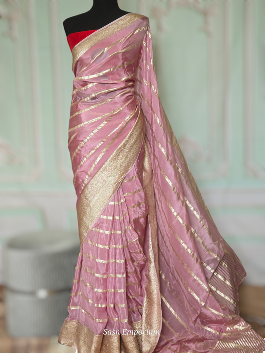 Rose gold chiffon organza saree with antique gold border- No Bp