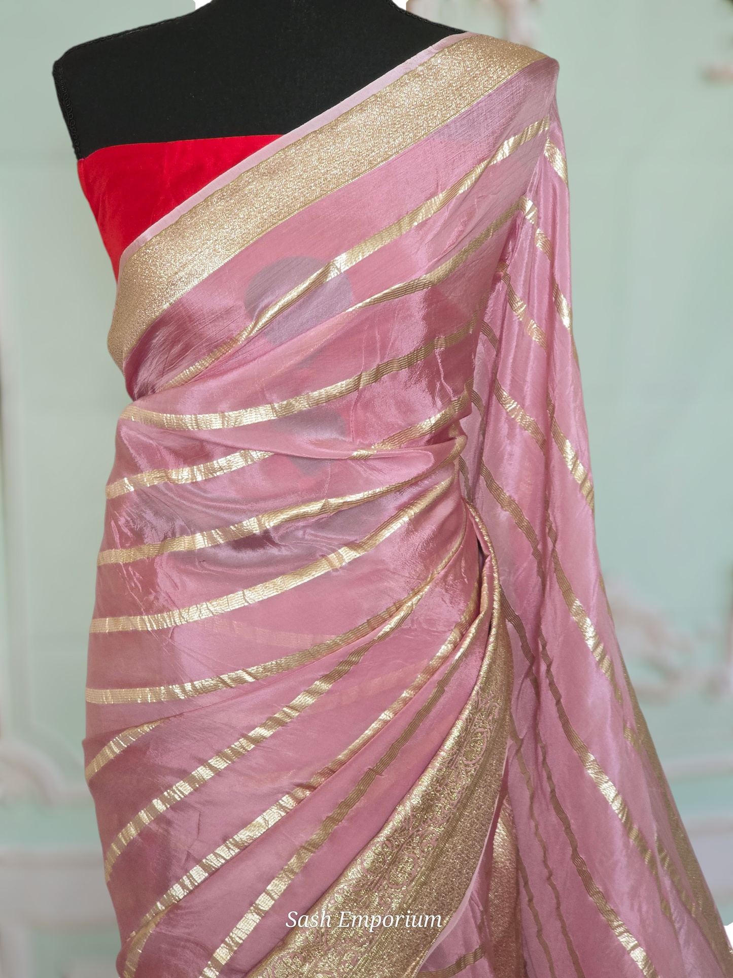 Rose gold chiffon organza saree with antique gold border- No Bp