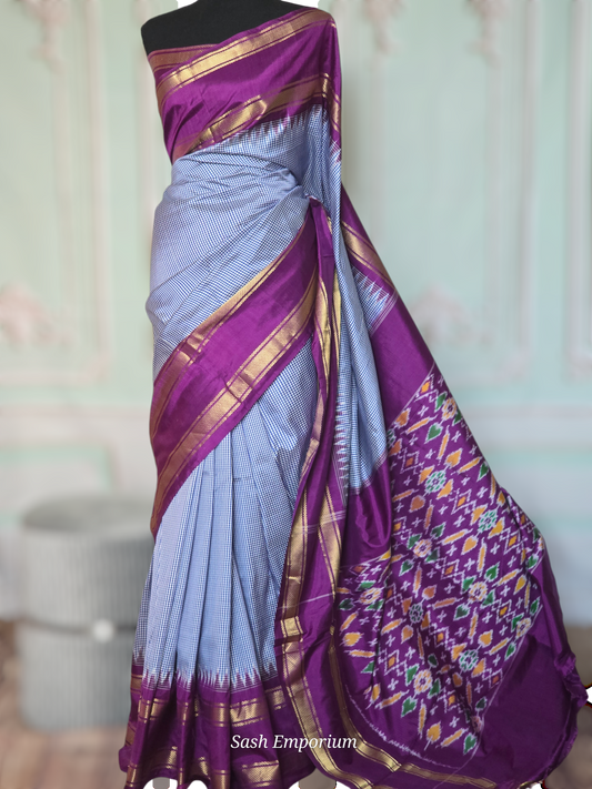 Pure silk ikkat handloom saree( blue check) with stitched blouse