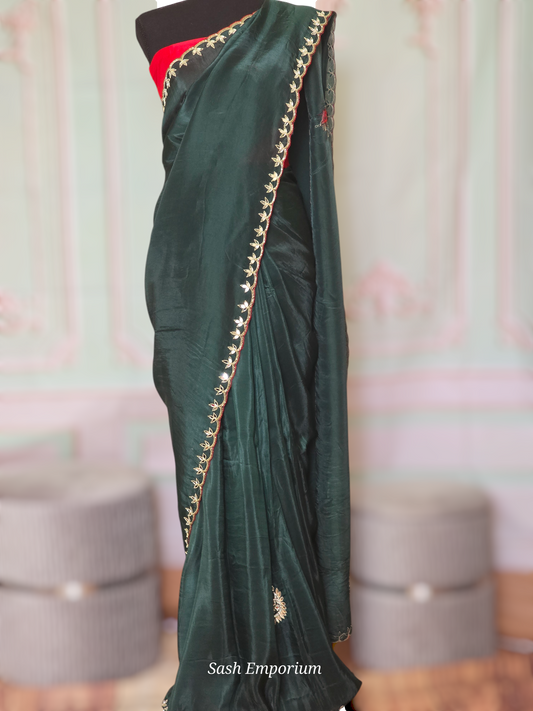 Soft organza party wear saree (bottle green) with scalloped border- gotapaty work- No BP