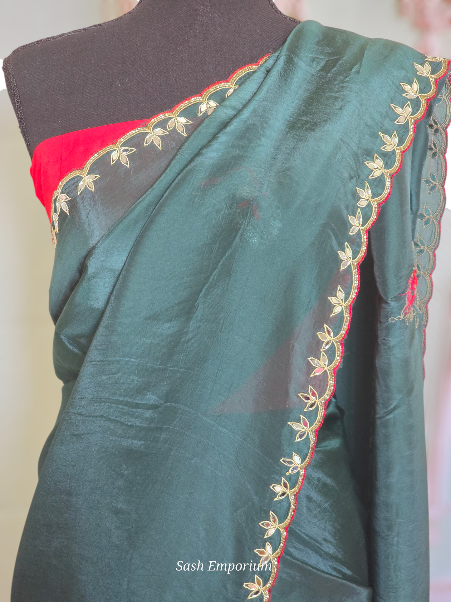 Soft organza party wear saree (bottle green) with scalloped border- gotapaty work- No BP