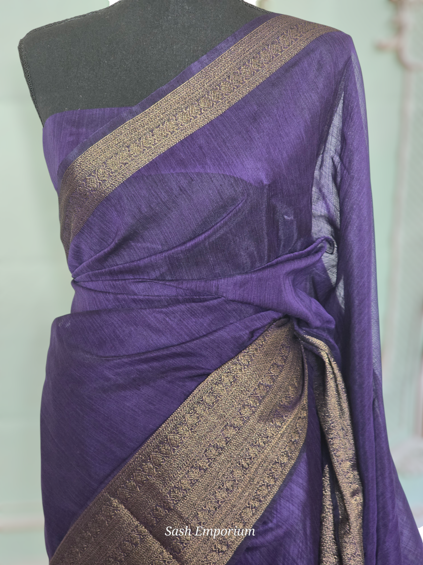 Art silk saree with antique border- stitched blouse