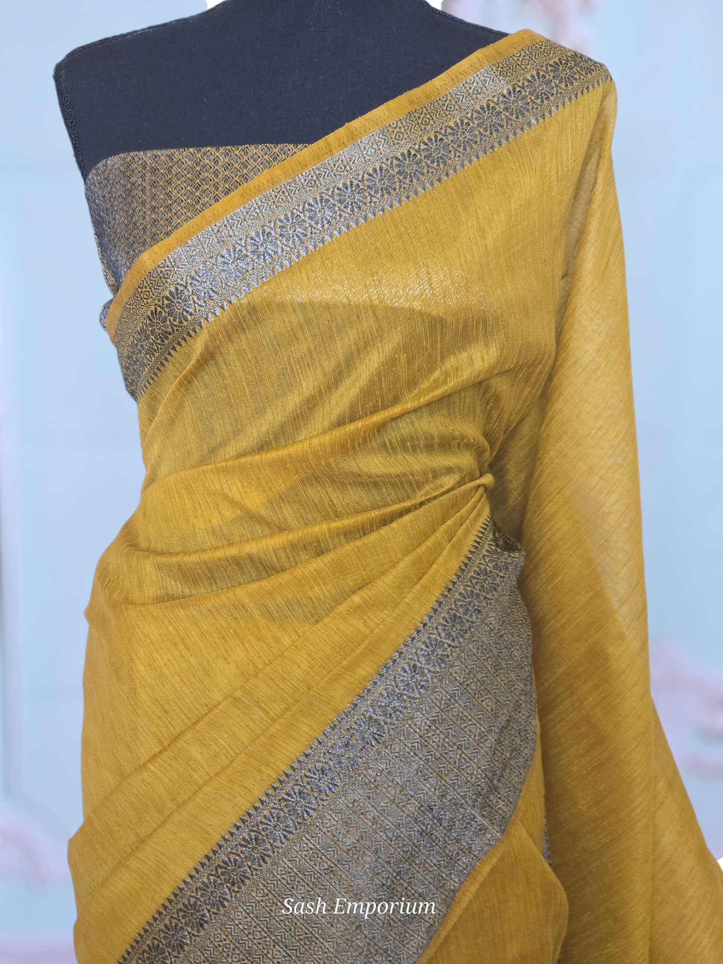 Art silk saree with antique border- stitched blouse