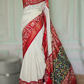 White/Red chiffon saree with white chikankari work on body and  patola border