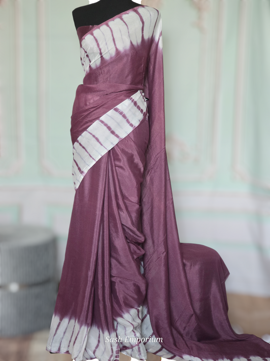 Crape chiffon saree with off white border- stitched blouse