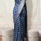 Indigo blue chanderi cotton saree with polka dots design- stitched blouse