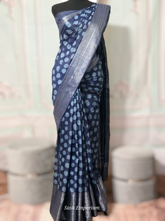 Indigo blue chanderi cotton saree with polka dots design- stitched blouse