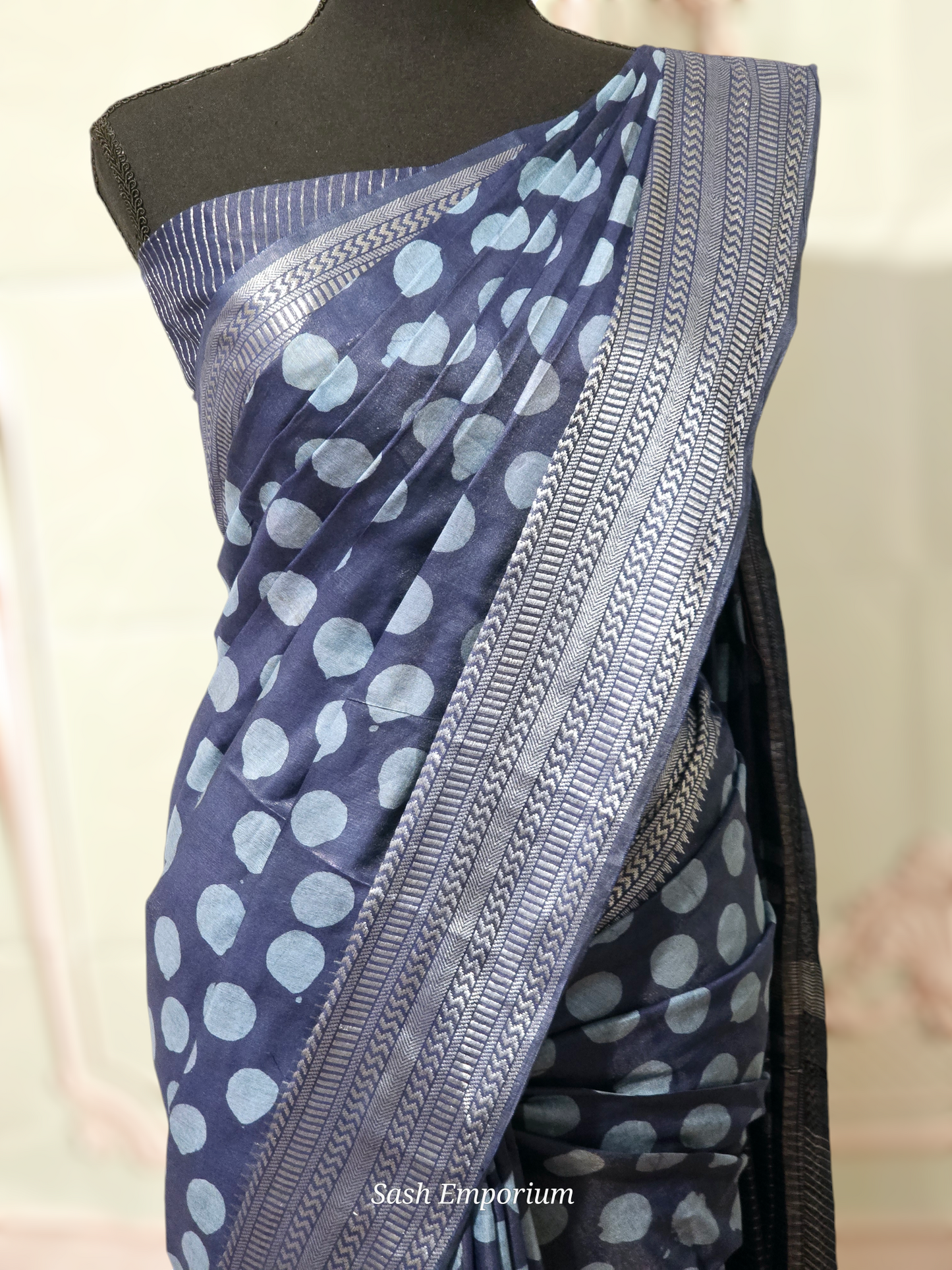 Indigo blue chanderi cotton saree with polka dots design- stitched blouse