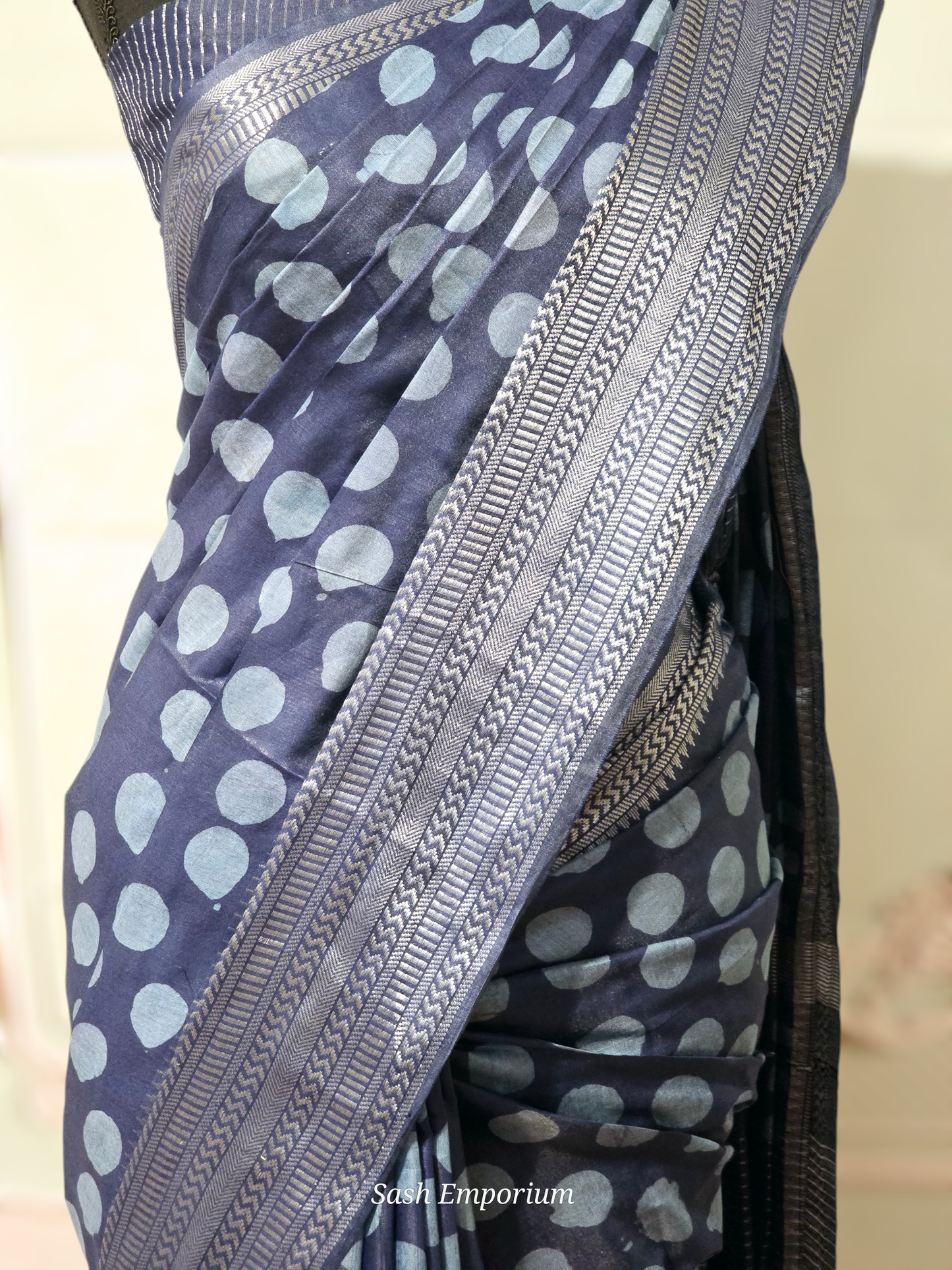 Indigo blue chanderi cotton saree with polka dots design- stitched blouse