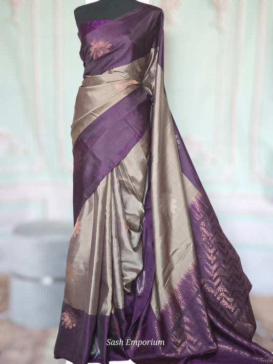 Kanchipuram soft silk saree (grey/purple) with stitched blouse