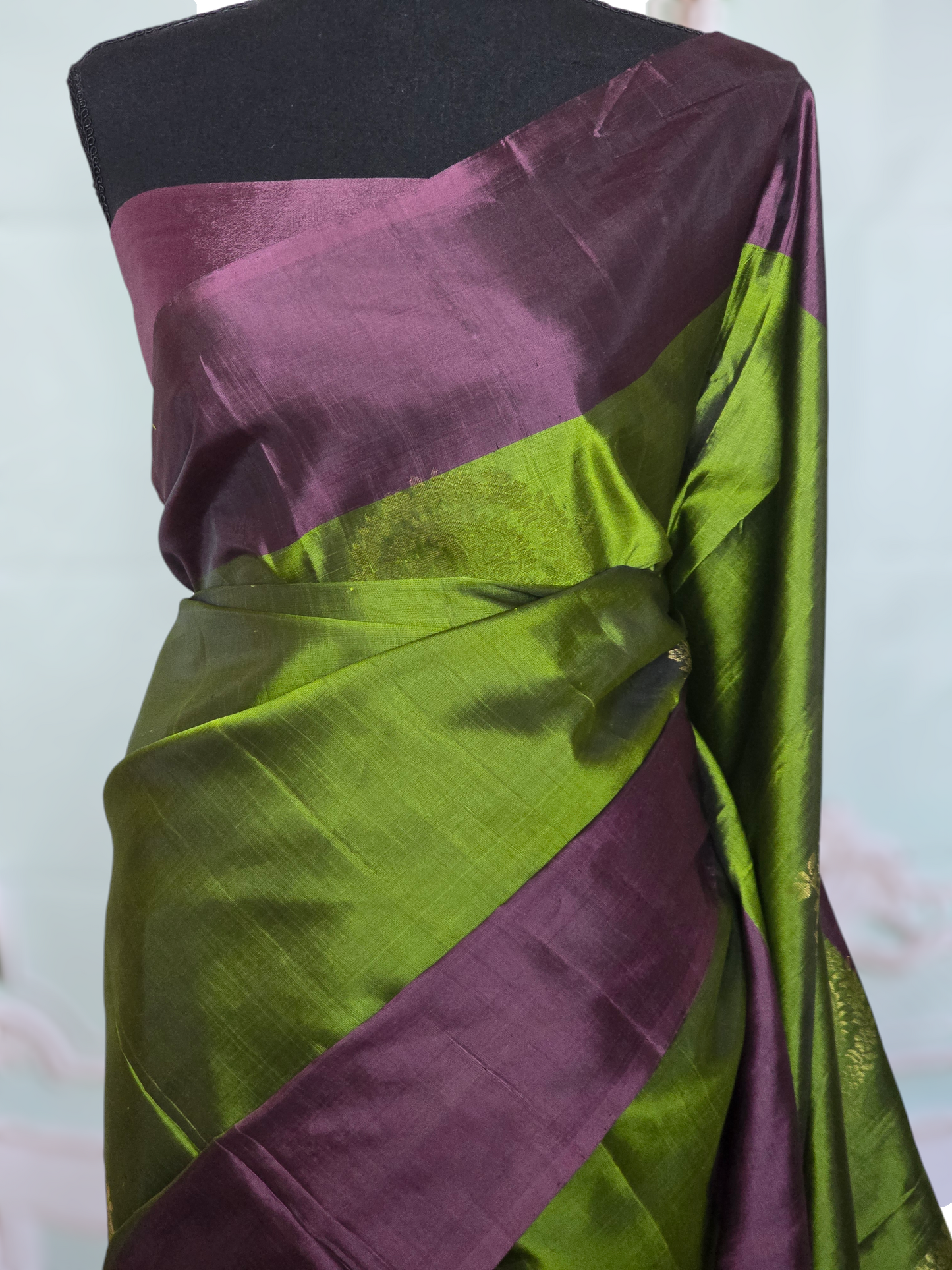 Kanchipuram soft silk saree( pickle green) with burgundy border- stitched blouse