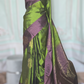 Kanchipuram soft silk saree( pickle green) with burgundy border- stitched blouse