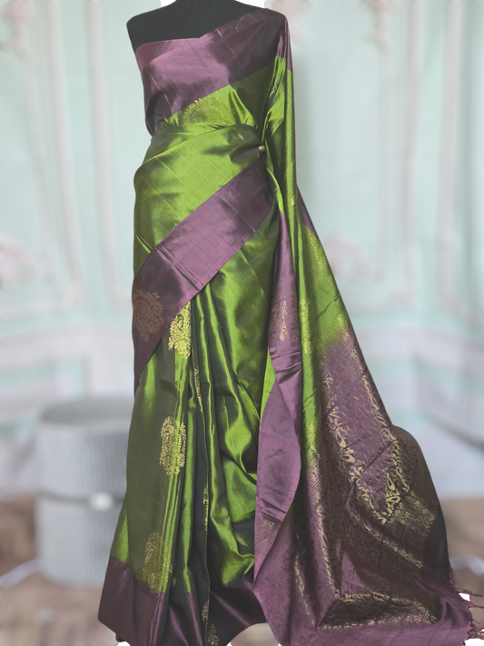 Kanchipuram soft silk saree( pickle green) with burgundy border- stitched blouse